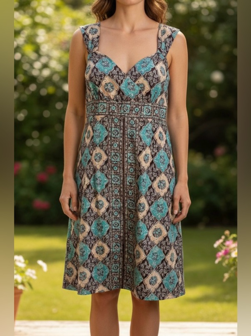 Ann Taylor LOFT Vintage Boho Cotton Dress Size 14 Teal Brown A-Line